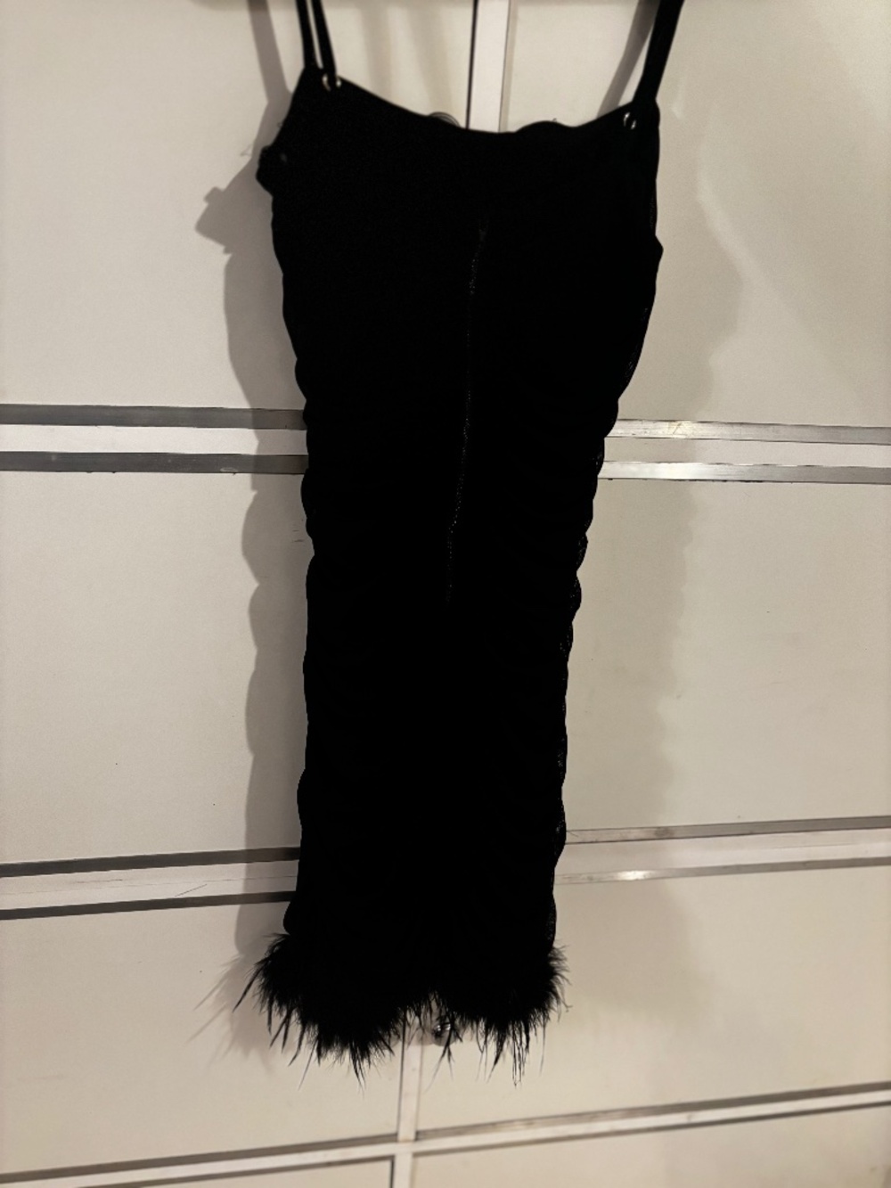 Windsor Black Dress with Feather Hem Spaghetti Straps Medium